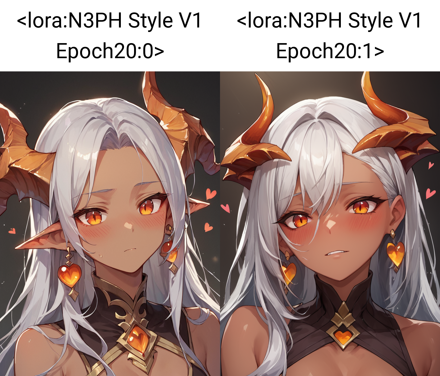 score_9, score_8_up, score_7_up, source_anime,
<lora:N3PH Style V1 Epoch20:0>,
<lora:Expressive_H:0.5>, expressiveh,
<lora:Pony_DetailV2.0:0.5>, 
1girl, long hair, blush, grey hair, heart, earrings, horns, dark skin, orange eyes, dragon horns, dragon girl, 
portrait,