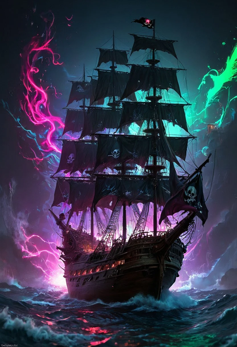 masterpiece, neon splash art, pirate ship, silhouetted, black sails, jolly roger flag, damaged sails and rigging, vibrant, dynamic