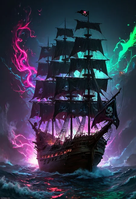 masterpiece, neon splash art, pirate ship, silhouetted, black sails, jolly roger flag, damaged sails and rigging, vibrant, dynamic