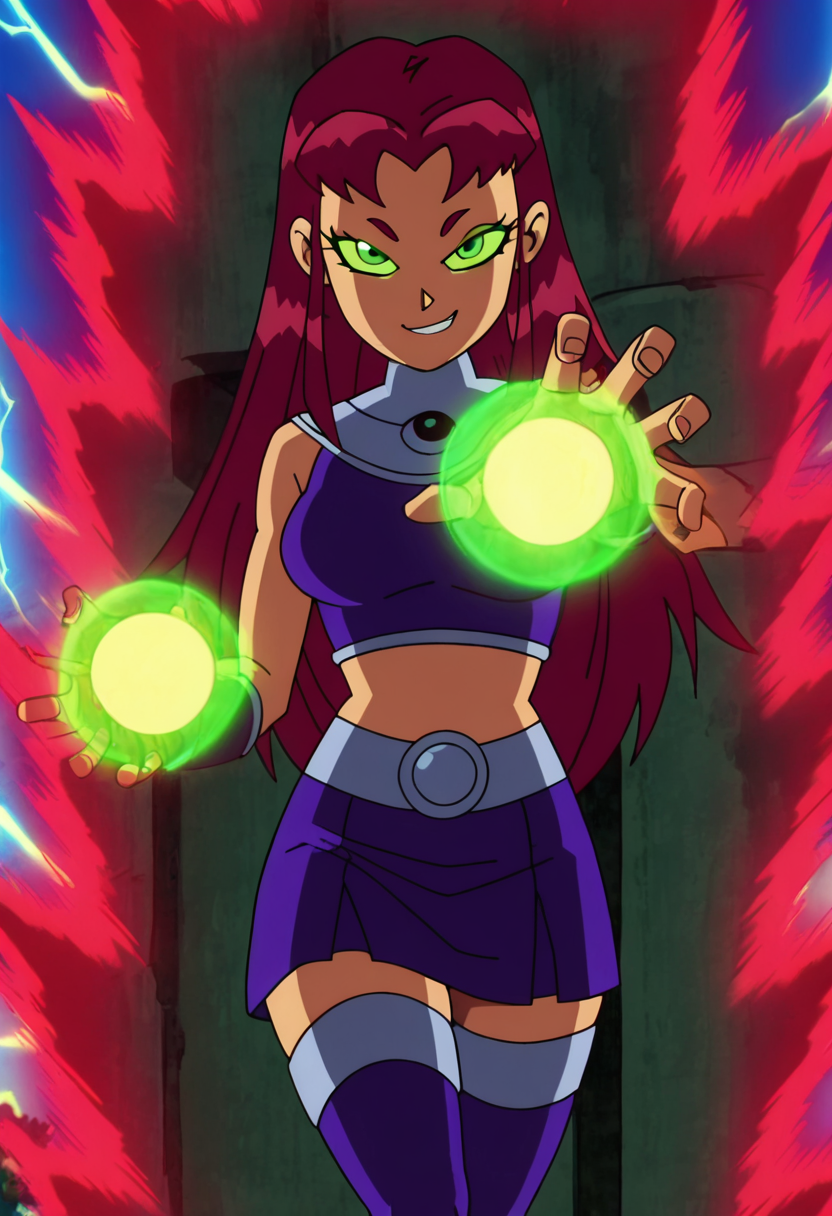 masterpiece, best quality, solo, curvy, beautiful eyes,   strfr, green eyes, red hair, long hair, colored sclera, green sclera,    midriff, crop top, gorget, skirt, thighhighs ,       <lora:StarfireTT_IXL:1.0>, ,vivid aura, looking at viewer, blue background, smug, aura, super saiyan, charging energy, energy ball, energy, lightning, <lora:DBSBroly_Style_IXL_v2:0.6>,