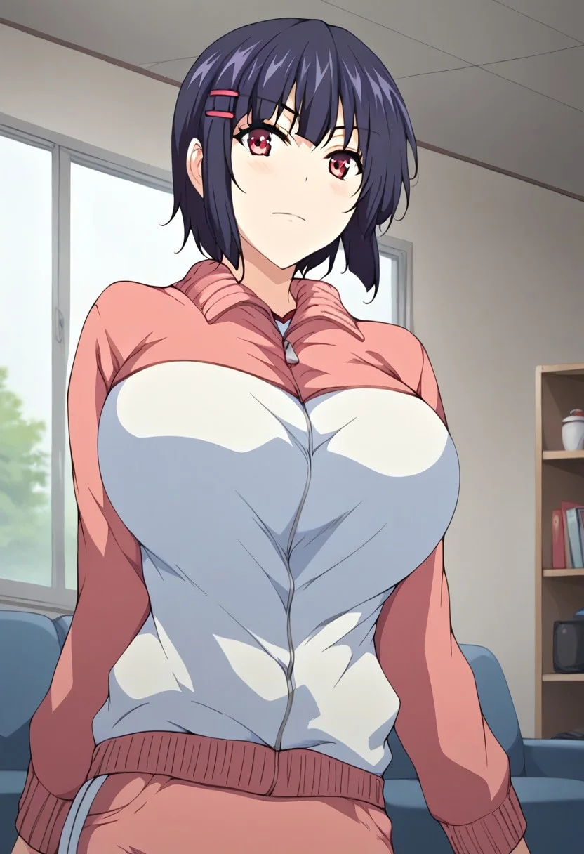 score_9,score_8_up,score_7_up,score_6_up,blurry, blurry background1girl,kaoria,large breasts,red eyes,black hair,short hair,hair ornament,red hairclip,gym uniform,track jacket,jacket,pants,posing,upper body,volumetric light,indoors,living room,cowboy shot, dutch angle