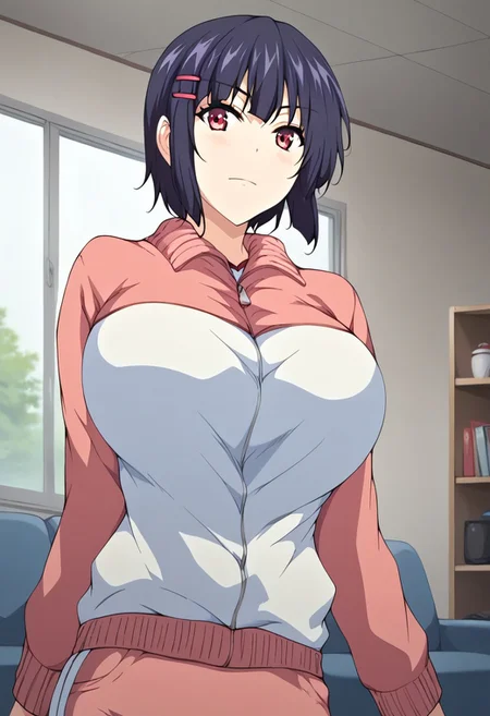 score_9,score_8_up,score_7_up,score_6_up,blurry, blurry background1girl,kaoria,large breasts,red eyes,black hair,short hair,hair ornament,red hairclip,gym uniform,track jacket,jacket,pants,posing,upper body,volumetric light,indoors,living room,cowboy shot, dutch angle