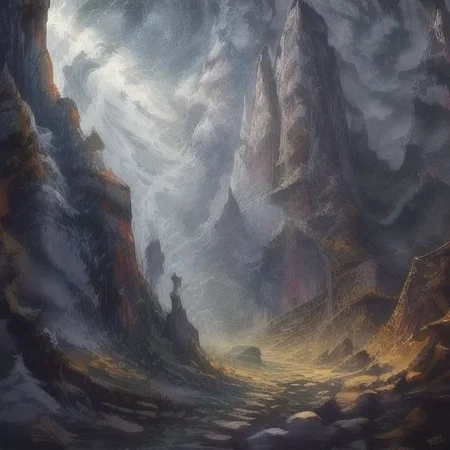 ((Masterpiece)), realistic digital painting of the hall of the mountain, official art, perfect composition, cinematic lighting, crepuscular rays,