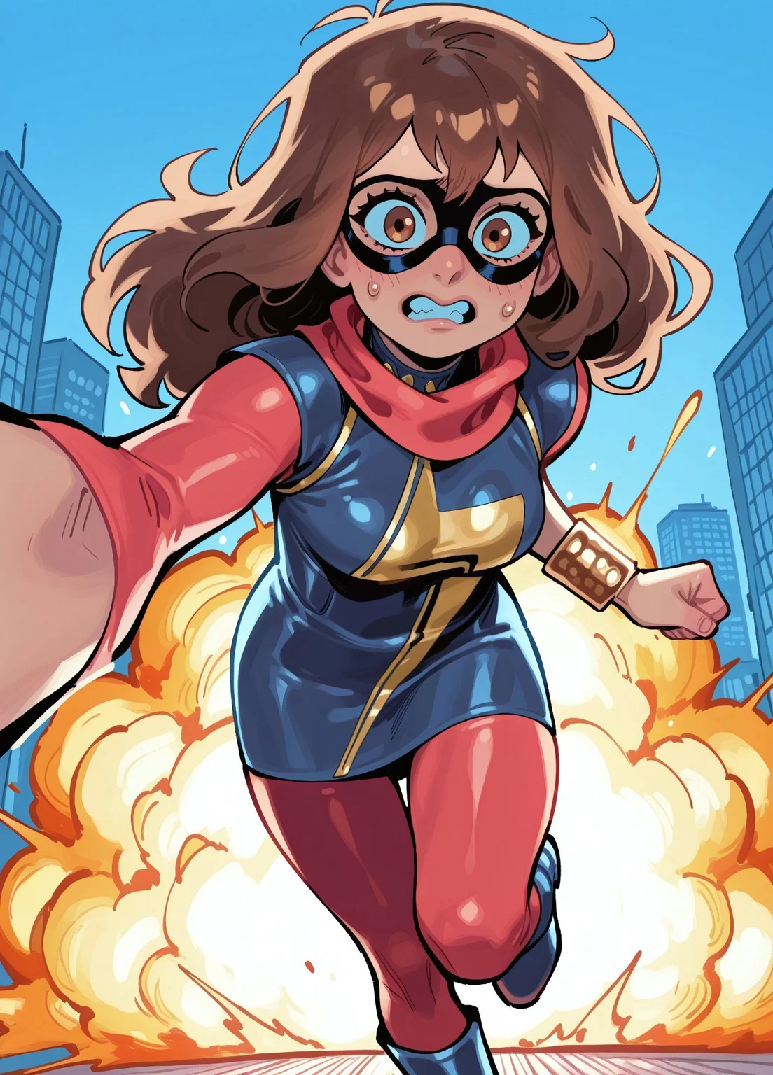 masterpiece, best quality, amazing quality, very aesthetic, absurdres, newest, detailed eyes, JJFrenchiestyle, 6l005, (vibrant colors),
1girl, mmkamalakhan, brown hair, bangs, brown eyes, dark-skinned female, brown eyes, long hair, dress, sleeves, scarf, bracelet, (domino mask), red pantyhose, boots, medium breasts,
(running), (motion lines), worried, ((nervous)), teeth, looking at viewer, selfie, view from front, close up,
New York city, explosion, skyscraper, detailed background,,