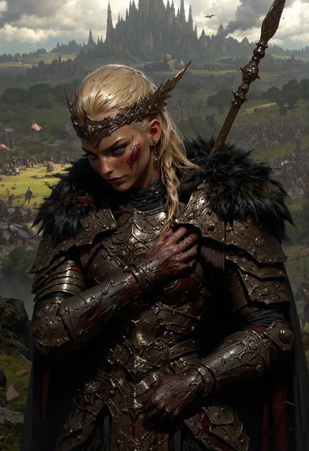 A wide angle shot of a beautiful blonde female Viking with long braided hair and blue eyes, she's wearing sexy leather Viking armor, a winged tiara, and a fur cloak, she's standing outside on a grassy hill hunched over and clutching her injured side, blood running down her face and armor, her armor is in tatters, in the background is a battlefield, soldiers and horse lay slain across the field in a bloody aftermath, different damaged flags in tatters flutter in the wind,  (maximum ultra high definition image quality and rendering:3), maximum image detail, maximum realistic render, (((ultra realist style))), realist side lighting, 8K high definition, realist soft lighting, (amazing special effect:3.5), mythp0rt,