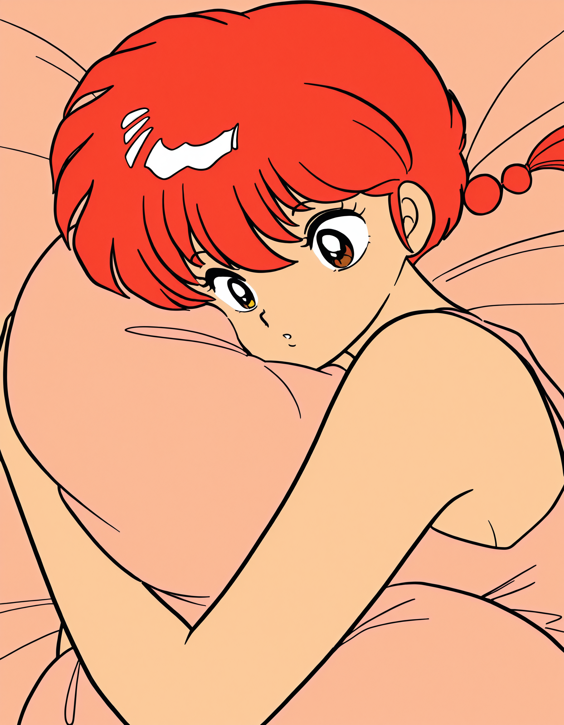 masterpiece, best quality, newest, absurdres, highres, anime coloring, colorful, anime, 1girl, solo, ranBWma, ranma, cuddling,  <lora:Ranma-Manga-Illous:1>