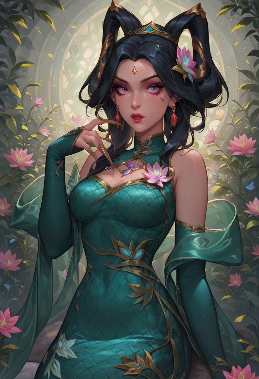 score_9, score_8_up, score_7_up, score_6_up, rating_safe,   
<lora:Prestige_Mythmaker_Cassiopeia:1>Mythmaker_Cassiopeia, twintails, very long hair, hair ornament, snake-like tail, lamia, snake eyes,
off-shoulder dress, neckline, sleeves, Chinese-style long green dress, lotus flower patterns, green shawl, earrings, flower on the chest, claws,
 <lora:g0th1cPXL:0.3> <lora:incase-ilff-v3-4:0.8> <lora:Concept Art Twilight Style SDXL_LoRA_Pony Diffusion V6 XL:0.3>, <lora:incase-ilff-v3-4:0.5> <lora:g0th1cPXL:0.45>  <lora:Expressive_H:1> <lora:princess_xl_v2:1> <lora:bigSaggyBreastsPony2:0.85>