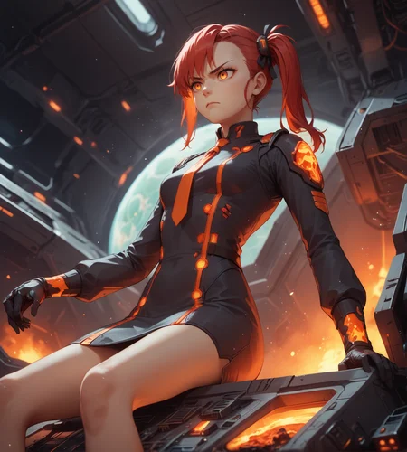 score_9,score_8_up,score_7_up,score_6_up,source anime,1girl,solo,cockpit,spaceship,space,science fiction,dark background,piloting,cyberpunk,serious,(spacesuit:0.4),(military uniform:0.5),long sleeves,gloves,dress,sitting,side ponytail,red hair,amber eyes,hair ribbon,tie,straight-on,from below,particles,
magma, lava, glowing, molten rock, 
 <lora:magma_12_lbw_2:1.3>