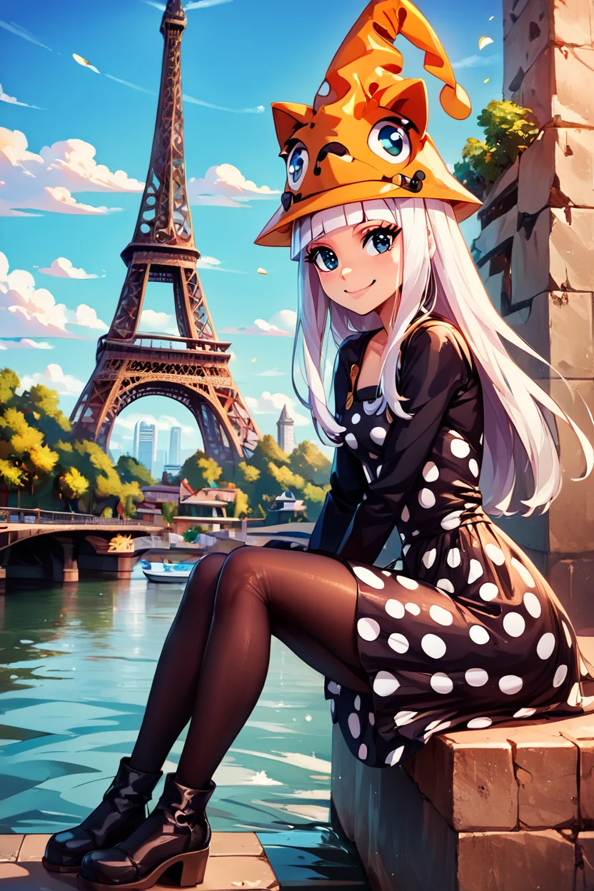 score_9, score_8_up, score_8, medium breasts, (curvy), cute, eyelashes, BREAK, , zzEruka, black eyes, white hair, blunt bangs, long hair, orange hat, polka dot dress, black dress, black sleeves, pantyhose, <lora:ErukaFrog_SoulEater_PDXL_v2:1.0>, , BREAK, zzEiffelTower in background, sitting, watercraft, boat, sitting on wall, side view, looking at viewer, smile, ,,, BREAK, blooming stars, luminescent petals, otherworldly fragrance blurry background, ,,, embedding:zPDXL, Expressiveh, ,,, <lora:EiffelTowerPDXL:1.0>, <lora:CatalystStylePDXL:0.6>, <lora:SDXLFaeTastic2400:0.5>, <lora:Expressive_H-000001:0.4>,