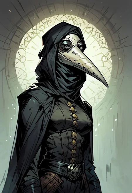 score_9, score_8_up, score_7_up, BREAK, 1girl, cowboy-shot, beautiful, dramatic lights ((Plaguedoctor. PlaguedoctorDD. Plaguedoctordarkest. Plaguedoctormask.))