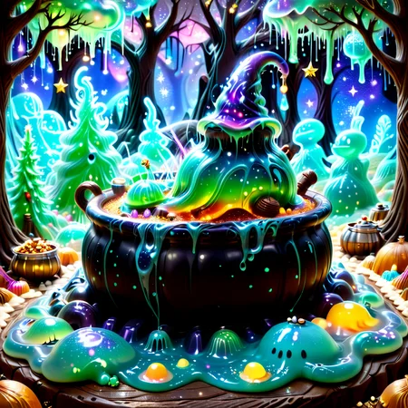 embedding:lazympos a slime witch stirring a cauldron of bubbling galaxies, hat dripping starry goo, familiars shaped from glowing slime, twisted trees with candy-slime bark, sl1m3d, slime-morph, magical ambiance <lora:Slime_Morph_V4:1.0000000000000002> <lora:TrendCraft_The_Peoples_Style_Detailer-v2.1A-3_12_2025-SDXL:0.20000000000000004>