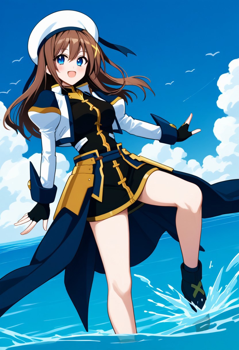 score_9, score_8_up, score_7_up, source_anime, good anatomy, 1girl, solo, HayateYagami, brown hair, long hair, x hair ornament, blue eyes, black dress with gold trim, short dress, fingerless gloves, faulds, puffy sleeves, juliet sleeves, cropped jacket, open jacket, waist cape, white and navy blue jacket, bare legs, hand on hat, smiling, open mouth, blushing, leg up, standing, on one leg, in water, splashing, ocean, blue sky, clouds
