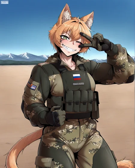 masterpiece,best quality,higres illustration,very aesthetic,detailed face, detailed teeth,detailed background, MastCom0, scenery, 1girl, solo, tomboy, muscular, muscular female, animal ears, short hair, ginger hair,  one eye closed, head tilt, cat girl, cat tail, green eyes, slit pupils, animal ear fluff, standing, posing, evil grin, sharp teeth, v over eye, russian ground forces, military combat uniform, tactical clothes, gloves, cowboy shot, facing viewer, looking at viewer, <lora:StS_Age_Slider_Illustrious_v1_1055288:-1><lora:Muscle slider IXLJK2_alpha16.0_rank32_full_last_1413174:1><lora:Breasts size slider NNFFS_alpha16.0_rank32_full_last_1406745:-1><lora:highresbodyfix_v1:1><lora:illustriousXLv01_stabilizer_v1.121_1575425:1><lora:_ÐÐ°ÑÑÐÐ¾Ð¼0__MastCon0_style:1>;
military combat uniform, tactical clothes, emr camouflage, russian flag insignia,