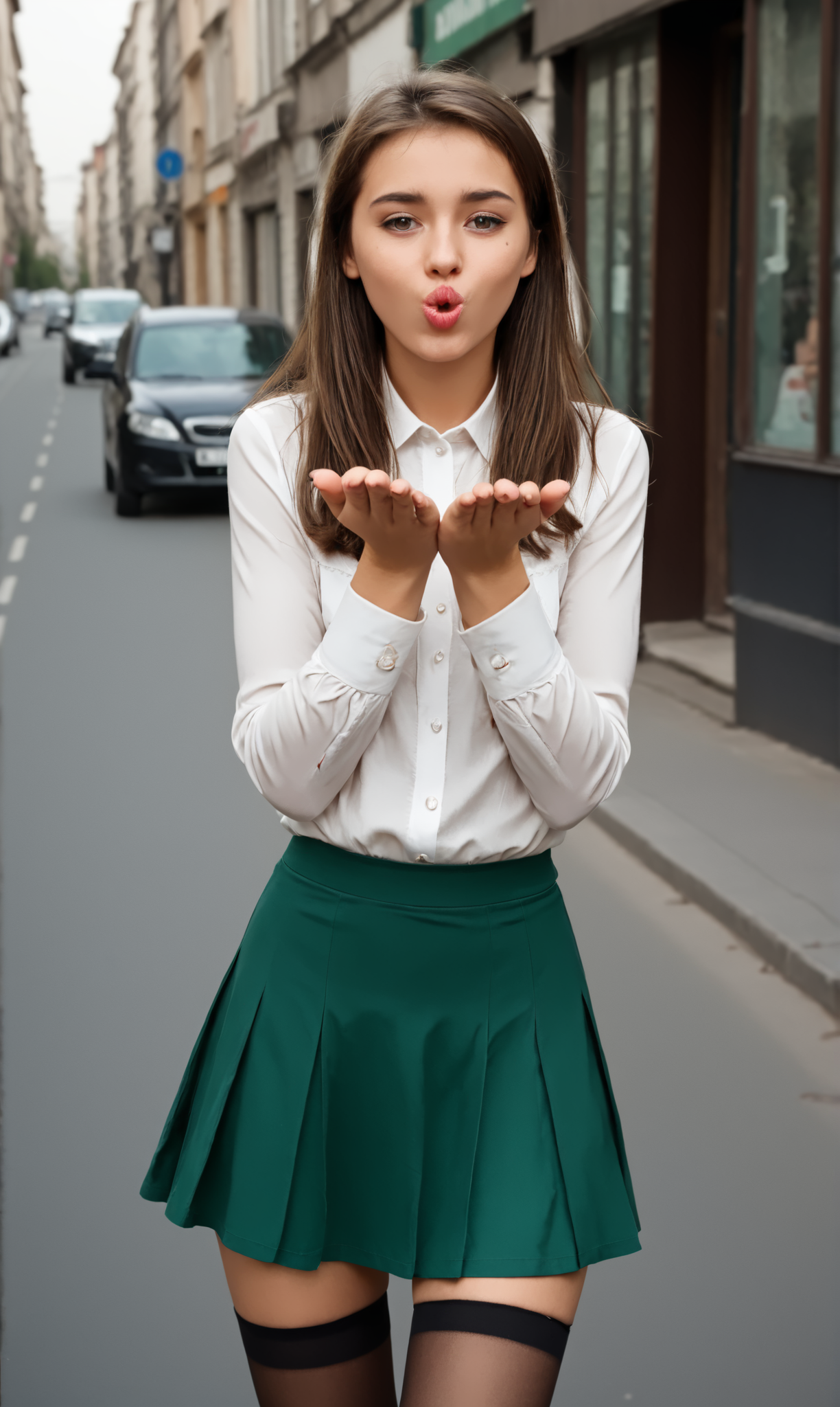 blaiki, wiboha, (slim 25 years old girl) in green skirt and white blouse  is blowing an air kiss with both hands, standing in a crowded street. black (holdup stockings), necklace,  long brunette hair  
  <lora:AirKiss:1>