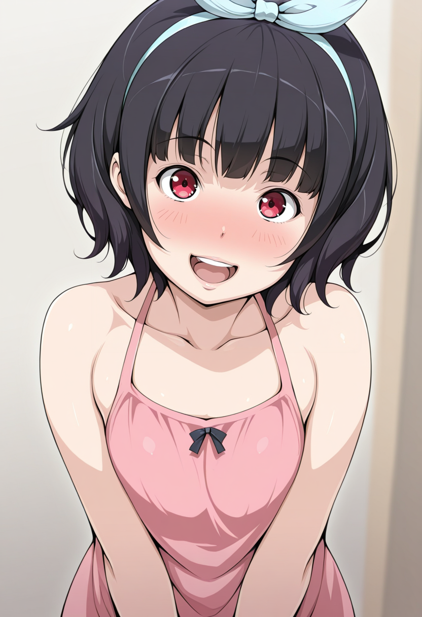 masterpiece, best quality,
 <lora:Charm_Point_-_Magenta_Rose:1> S4s4k1Nsfw, 1girl, solo, black hair, short hair, open mouth, blush, red eyes, hairband, smile, looking at viewer