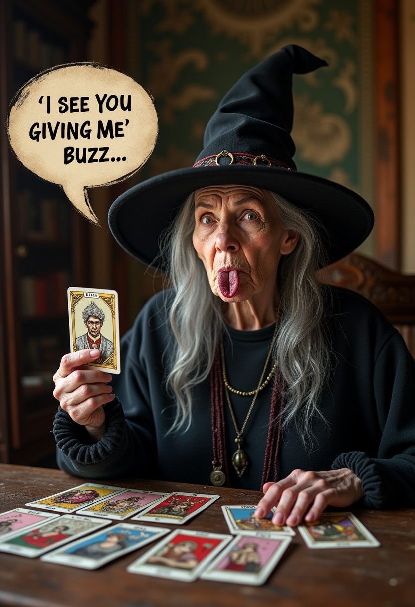 16k , UHD photograph, expansive photograph ((A speechbubble is seen coming up from the witchwoman's mouth there is well defined highly visible text inside the speechbubble "I see you giving me buzz..." is seen printed legibly using a bold mystic font inside the speechbubble ; only the words "I see you giving me buzz..." are seen inside of the speechbubble)),
<<BREAK>>,
 ((The old witchwoman is an is sitting behind a table holding up some tarot cards), (very pornographic images are seen on the faces of the tarot cards she's holding),
<<BREAK>>
[The highly detailed background of the photograph is  the interior of a mystical , very oldfashioned gypsy wagon ]
[[(BEST QUALITY) , (PERFECT PROMPT ADHERENCE)]]