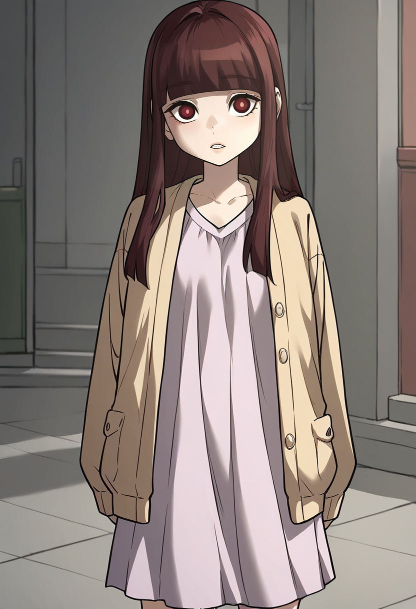 score_9, score_8_up, score_7_up, uncensored, Expressiveh BREAK 1girl, solo, realityquestnewface, brown hair, long hair, blunt bangs, brown eyes, red eyes, dress, purple dress, cardigan, jacket, standing <lora:reality_quest_newface:0.9> <lora:add-detail-xl:0.6> <lora:cfg_scale_boost:0.5> <lora:Expressive_H:0.6>