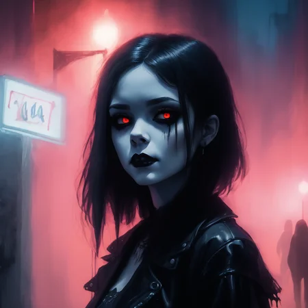 VtmArt, painting of cute goth girl, brush strokes, hazy, fog, fluorescent lighting, <lora:VtmArt:1>, (masterpiece:1.3), at night, cinematic lighting, intricately detailed, high quality, dramatic atmosphere,