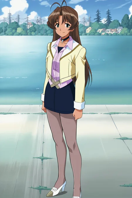 anime screencap, anime coloring, detailed face, masterpiece, best quality, very aesthetic, absurdres, official style, amazing quality, ultra detailed,  highres, amazing quality, scenery, beautiful detailed hair, beautiful detailed eyes,
<lora:StS-Illustrious-Detail-Slider-v1.0:4>
 <lora:Hibiki_Amawa_I_My_Me_Strawberry_Eggs:1>
mature, Hibiki teacher outfit, Hibiki Amawa (character), 1girl, solo, pantyhose, antenna hair, brown hair, skirt, long hair, pencil skirt, jacket, shoes, long sleeves, grey pantyhose, standing, high heels, green eyes, looking at the viewer,  smile