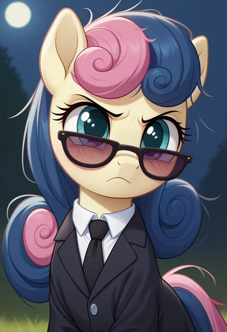 score_9, score_8_up, score_7_up, score_6_up, score_5_up, score_4_up, pony, feral pony, ((anatomically correct)), g4, Sweetie Drops, black coat, white blouse, black tie, sunglasses, angry, serious fae, messy mane, look at you, night, beautiful, detailed, (detailed cute pony face), detailed fur, beautiful, vector, flat colors, (beautiful long eyelashes), blushing, filly, foal, foalcon