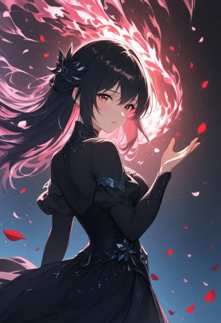 A beautiful woman stands at the edge of a vast, starry void, her form beginning to dissolve into a swirling storm of black, gold, silver, and red rose petals. Her face is serene, almost ethereal, as if she’s accepted her transformation. Her long hair flows gently in an otherworldly breeze, and her eyes, filled with a mix of sadness and wonder, gaze into the infinite cosmos. As the petals break away from her body, they are caught in a cosmic whirlwind, spiraling upward into the darkness. The black petals shimmer faintly, their edges glowing with gold and silver, while the red petals burn like embers, leaving trails of fiery light. The stars around her pulse and twinkle, their light reflecting off the petals and creating a mesmerizing dance of shadows and light. The atmosphere is a perfect blend of melancholy and beauty, capturing the woman’s transition from the physical world to the cosmic unknown. The scene is both haunting and enchanting, as if she’s becoming one with the universe itself." Additional details for refinement: Style: Hyper-realistic or semi-realistic, with a focus on atmospheric lighting and fluid motion. Lighting: Soft, cosmic light with glowing highlights on the petals and stars. Color palette: Deep blacks, shimmering golds and silvers, and fiery reds (petals), with shimmering whites and blues (stars). Mood: Melancholic, mystical, and awe-inspiring, with a sense of transcendence and beauty.