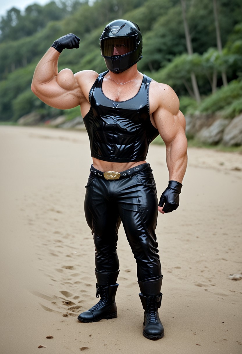 score_9, score_8_up, score_7_up, photo, photorealistic, rating_explicit, (solo:1.1), 1boy, black helmet with tinted visor, muscular male, masculine male, red glossy tank top, black glossy leather blazer jacket, formal, glossy black pants, belt, skintight, black rubber gloves, black rubber boots, abs, nipples, pecs, flexing, proud, sweaty, outdoors beach, five digits