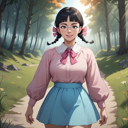 score_9, score_8, BREAK, MigiwaSan, 1girl, black hair, black eyes, blunt bangs, braided pigtails, pink ribbons, square crystal glasses, pink lipstick, white-collared pink long-sleeved shirt, light blue skirt, white socks, pink mary-jane shoes, adult female, mature female, breasts, sexy pose, self portrait, smile, outdoors, sunlight, shadows, evening lighting, natural lighting, forest, trees, grass, orange sky, sunset