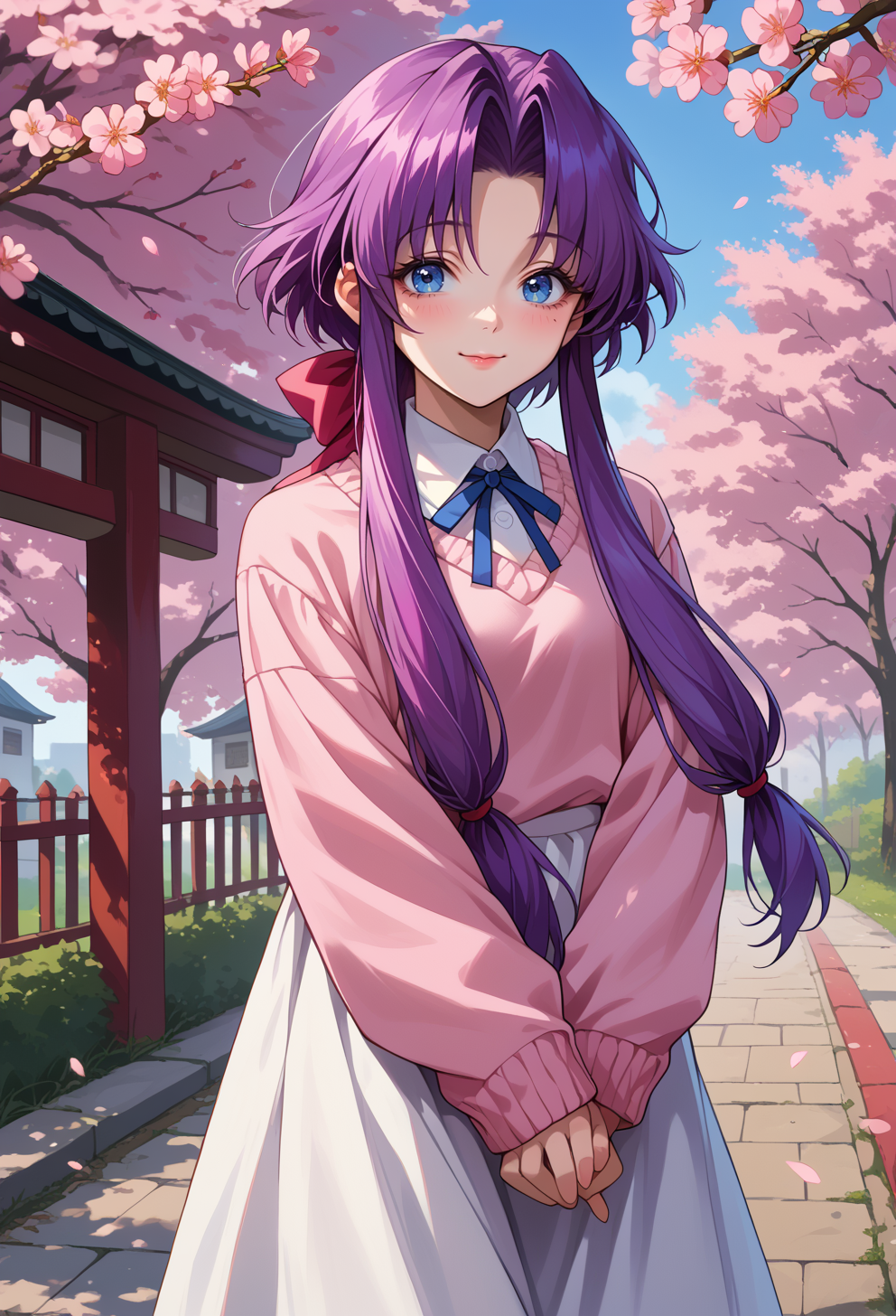 score_9, score_7_up, source_anime, BREAK <lora:AECherry-000009:0.8> AECherry, blue eyes, purple hair, , low-tied sidelocks, short hair with long locks,  smile, cherry blossoms, two-tone sweater, long sleeves, white dress shirt, long skirt, sleeves past wrists, mary janes, v arms, neck ribbon,  white sweater, pink sweater,