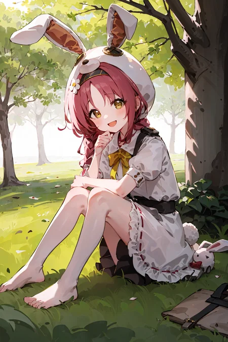 ((masterpiece,best quality)),1girl, solo, barefoot, knees up, dress, sitting,  looking at viewer, grass,  smile, outdoors, puffy short sleeves, bangs, on ground, full body, ((white dress)), sunlight, dappled sunlight, day, depth of field,bunny hat, <lora:akaneMimiPrincessConnect_kittenchow:0.8>