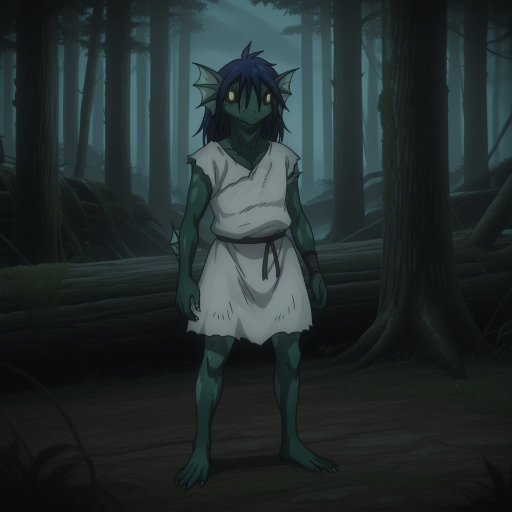 masterpiece, best quality, amazing quality, FishmanslfIL, anthro, green skin, blue hair, head fins, black sclera, yellow eyes, torn clothes, white tunic, standing, in a forest, full body