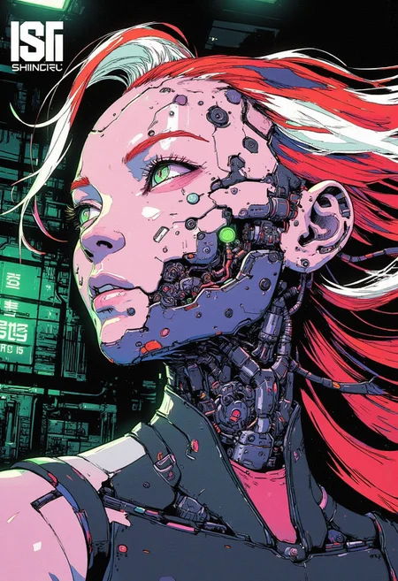 <lora:ck-Goro-Fujita:1>, digital artwork in the style of ckgf, A mesmerizing close-up portrait of an alien woman, her striking features blending extraterrestrial elegance with subtle mechanical elements. Her skin has a smooth, otherworldly texture, adorned with small, organic patterns. Her long, wavy hair cascades around her face, but in the Virtualboy-style palette of red, white, and black. Mechanical elements are seamlessly integrated into her face and neck—sharp, angular pieces emerge like delicate circuitry. The chiaroscuro-inspired lighting brings deep contrast, with bold shadows enhancing her alien beauty. The background features a cyberpunk workshop, and the limited palette emphasize the alien and mechanical features, while a soft green glow outlines parts of her face and hair, creating a futuristic yet nostalgic visual reminiscent of early handheld gaming
<lora:ck-nc-pastel-cyberpunk:0.3>
<lora:ck-MetalGearSolid:0.25>
<lora:RetroAnimeFluxV1:0.25>