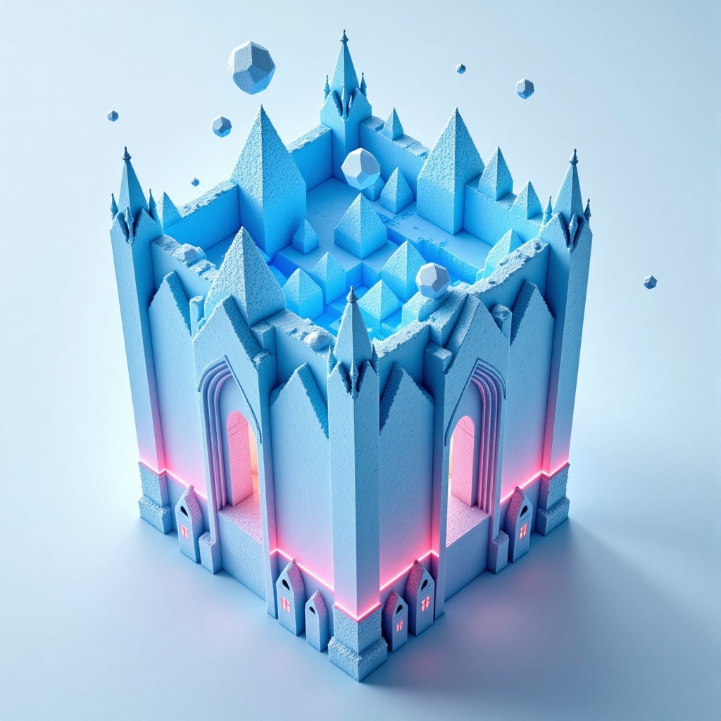 M1CR0CUB3D, aidmafluxpro1.1, A cubed cathedral grown entirely from blue ice spires, ringing with resonant tones in the wind. Crystalline bells hover midair, held aloft by harmony. Below, an acoustic resonance chamber forms the base, lit by auroral refractions. Palette: glacier blues, pastel pinks, and pure white. Style: frozen fantasy minimalism, refracted lighting, ethereal tone.