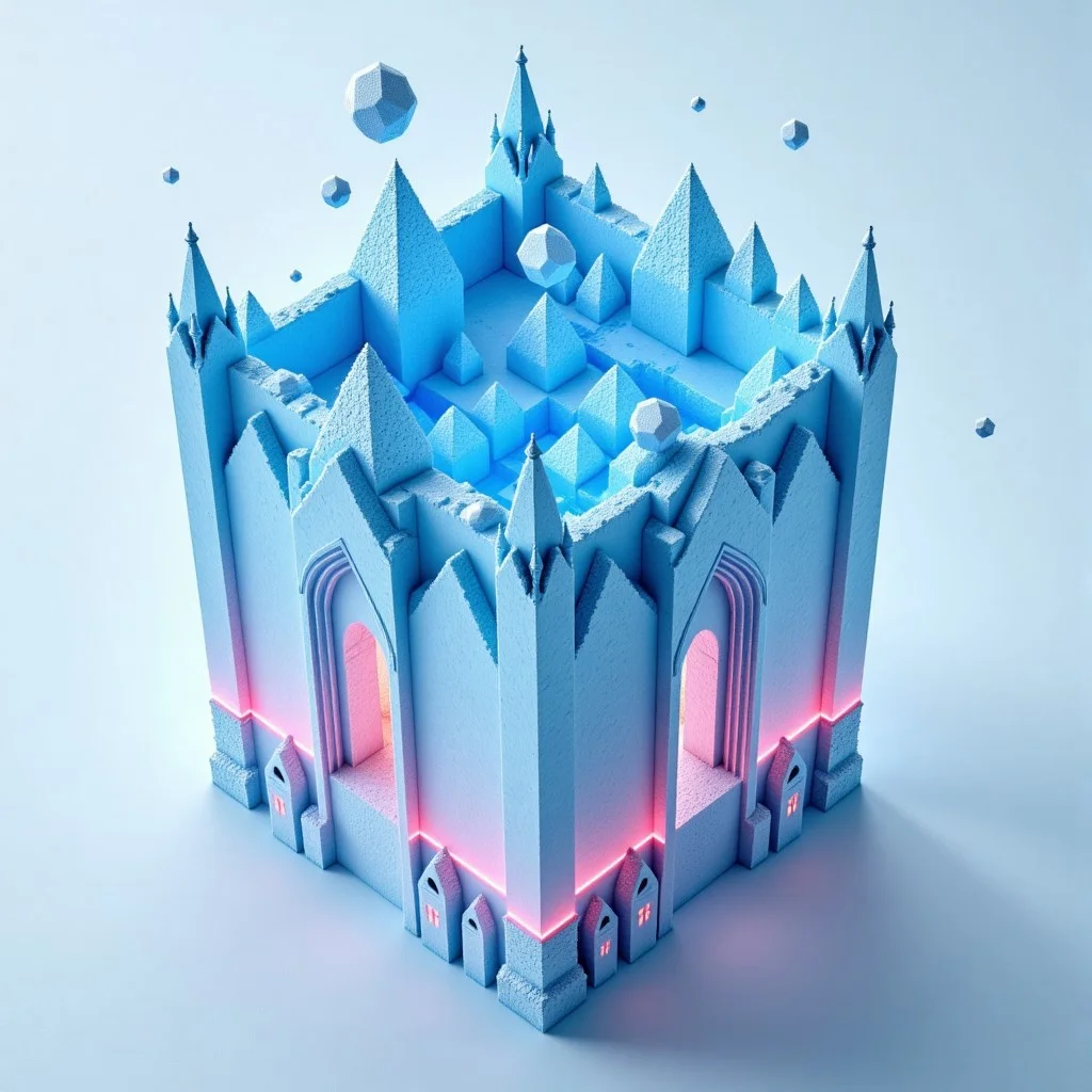 M1CR0CUB3D, aidmafluxpro1.1, A cubed cathedral grown entirely from blue ice spires, ringing with resonant tones in the wind. Crystalline bells hover midair, held aloft by harmony. Below, an acoustic resonance chamber forms the base, lit by auroral refractions. Palette: glacier blues, pastel pinks, and pure white. Style: frozen fantasy minimalism, refracted lighting, ethereal tone.