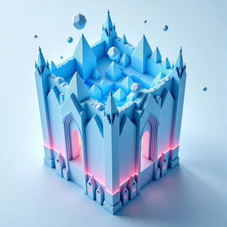 M1CR0CUB3D, aidmafluxpro1.1, A cubed cathedral grown entirely from blue ice spires, ringing with resonant tones in the wind. Crystalline bells hover midair, held aloft by harmony. Below, an acoustic resonance chamber forms the base, lit by auroral refractions. Palette: glacier blues, pastel pinks, and pure white. Style: frozen fantasy minimalism, refracted lighting, ethereal tone.