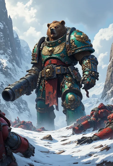 ((Dark fantasy art))
The image depicts a massive, humanoid bear standing in a snowy battlefield. The bear is dressed in dark fantasy armor and adorned with skulls, chains, and furs. holding large cannon Its imposing size and fierce expression suggest a dominant warrior. Surrounding the bear are fallen soldiers and debris, giving the impression of a fierce battle. Snow-covered mountains and a cold, stormy sky form the background, enhancing the dark, brutal atmosphere of the scene.