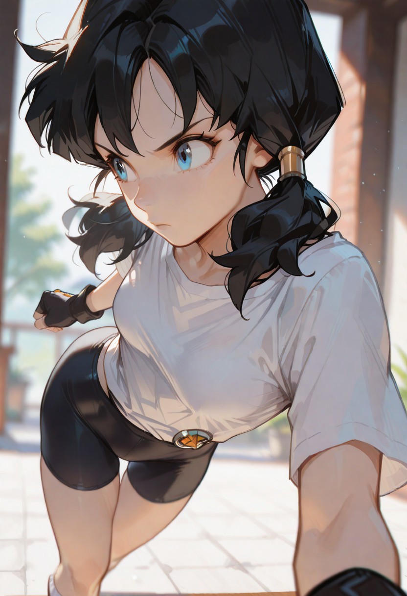 masterpiece, ultra-HD, cinematic lighting, impressionism (1.5), high detail, depth of field, (blurred background), (dramatic lighting),masterpiece, best quality, very aesthetic,8k,masterpiece, best quality, masterpiece, best quality, 8k, 
videl, 1girl, solo, blue eyes, black hair,
outfit1, twin tails, fingerless gloves, black gloves, white shirt, bike shorts, black shorts, socks,
simple_background,  half close-up, sexy pose,
((slim body)), (small breasts), Dynamic angle, Dynamic pose, portrait,