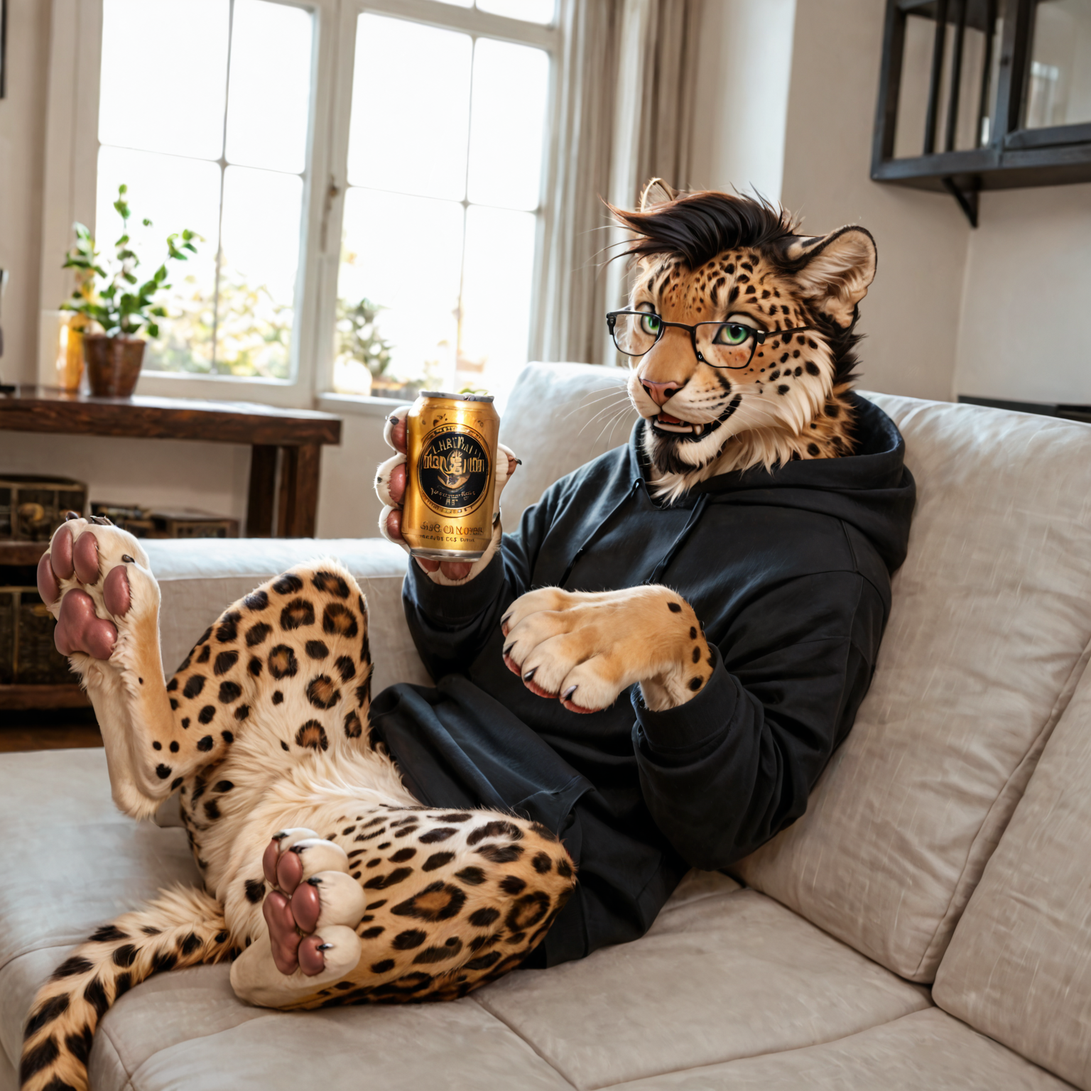 score_9, score_8_up, score_7_up, score_6_up, <lora:felids_pony_v1:0.5>, leopard, (clothed feral), (feral), felid, feline, (black hair, short hair, hair, (goatee, black goatee)), (sweatshirt, black sweatshirt), (detailed background), living room, modern living room, smile, (male), fur, hair, solo, high quality, pose, sofa, furred body, paws, handpaw, fluffy, (detailed eyes, green eyes), highly detailed, realistic fur, beautiful, photorealism, photorealistic, <lora:Furry Enhancer V5.2:0.3>, dslr, photo, expressive, (eyebrows), full body, (glasses), eyewear, window, shelves, topwear, pawpads, paw pads, dutch angle, playful, beard, holding beer, can of beer
