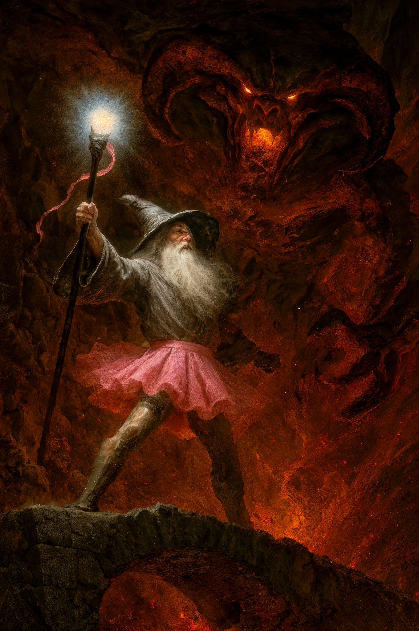 Wizard Gandalf, incongruous pink tutu, shimmering arcane skin, staff high. Extreme low-angle: defiantly blocks colossal Balrog on crumbling stone bridge over fiery chasm. Caravaggio's tenebrism, Frazetta's power; dramatic chiaroscuro. Fiery oranges, hellish reds clash with Gandalf's ethereal glow, shocking pink. Volcanic underlighting, stark rim light. Textures: cracked stone, delicate tutu, molten hide. Epic defiance, surreal humor, oppressive dread. Swirling volcanic ash, dancing embers, heat shimmer. Single pink ribbon flutters from staff.