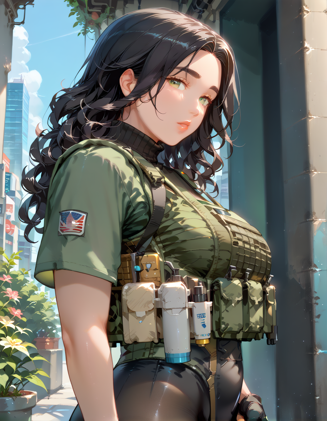 PonyScores7, source_anime, ah1, <lora:natsumi_style:1>, BREAK 1girl, (curly hair), long hair, (black hair:1.3), mature female, (parted hair:1.7), (round face:1.2), (fringe:-0.5), (bangs:-0.5), (hair between eyes:-0.5),  (thick eyebrows), (curvy), round-chin, (greenish hazel eyes), caucasian, (downturned eyes:1.2), (plump face), <lora:ETO_OCPonyXL:0.5> eto_oc, skindentation, (plump), thick thighs, wide hips, busty, voluptuous, kinky curls, lips, <lora:venus body PonyXL:0.4>,  (Face with a sleep mask), (holding a pistol), (Urban Garden, Lush green space with vertical gardens covering skyscraper walls, sensor-equipped planters, eco-friendly benches made from recycled materials, misting stations for urban cooling), looking at viewer, ((  <lora:leather_leggins_01:0.8> vistrac008, black leggings, black turtleneck, black short sleeves), <lora:Tacticool_Armor_Plate_carrierHelmetHeadset:0.4> ((blue platecarrier, tactical armor, bulletproof vest))), BREAK <lora:xl_more_art-full_v1:0.2>, <lora:shinyskin2:0.2> glistening skin, <lora:aesthetic_anime_v1s:0.2>, <lora:Expressive_H:0.2> Expressiveh, <lora:hairdetailpxl:0.2> hairdetailpxl, <lora:EpicF4nta5yXL:0.2>, <lora:detailxl:0.2> detailxl, <lora:Fant5yP0ny:0.2>, best quality, amazing quality, best aesthetic, absurdres, <lora:expressive eyes:0.2> expressive eyes, <lora:eyedetailpxl:0.2> eyedetailpxl, illustration, Volumetric_Lighting, ultra-detailed, very aesthetic, intricate details, 8k, masterpiece, best_quality, BREAK (Eye-level angle (from the side) view medium Distance shot), BREAK <lora:Eyes_High_Definition:0.3> EyesHD, Stable_Yogis_PDXL_Positives, AS-Adult, <lora:Complicated fantasy portrait - XL Pony V2.0:0.4>, bad-hands-5,