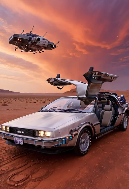 (low angle shot:1.4), an editorial photo of a black style delorean time machine Hyperrealistic painting of a Delorean time machine, meticulously crafted to appear as if captured by an advanced camera, floating gracefully amidst a herd of ethereal, cloud-like creatures. The scene unfolds in the tranquil expanse of the upper atmosphere, with the Delorean's serene, contented expression emphasized. Every minute detail is rendered with exceptional precision, pushing the boundaries of realism, from the intricate textures of the car's body to the delicate wisps of the floating creatures. The image exudes an aura of tranquility and harmony, as if frozen in time. parked outside an American diner on Mars, (scene set on the planet Mars:1.2), red sky, red sands of Mars, highly detailed, retro futurism, science fiction, clean lines, fine art photography, award winning photography, film grain,
