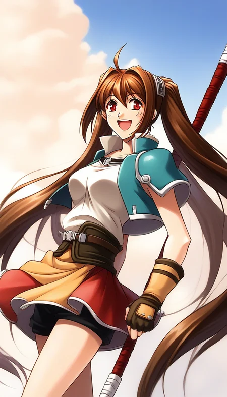 score_9, score_8_up, score_7_up, source_anime, rating_explicit, BREAK  <lora:Estelle_Bright_Retro_XL:1> Estelle_Bright, brown hair, very long hair, twintails, ahoge, red eyes, hair intakes, medium breasts,
1girl, solo, twintails, gloves, weapon, fingerless gloves, smile, skirt, shorts under skirt, black shorts, armor, staff, open mouth, cropped jacket, belt
outdoor, sky,