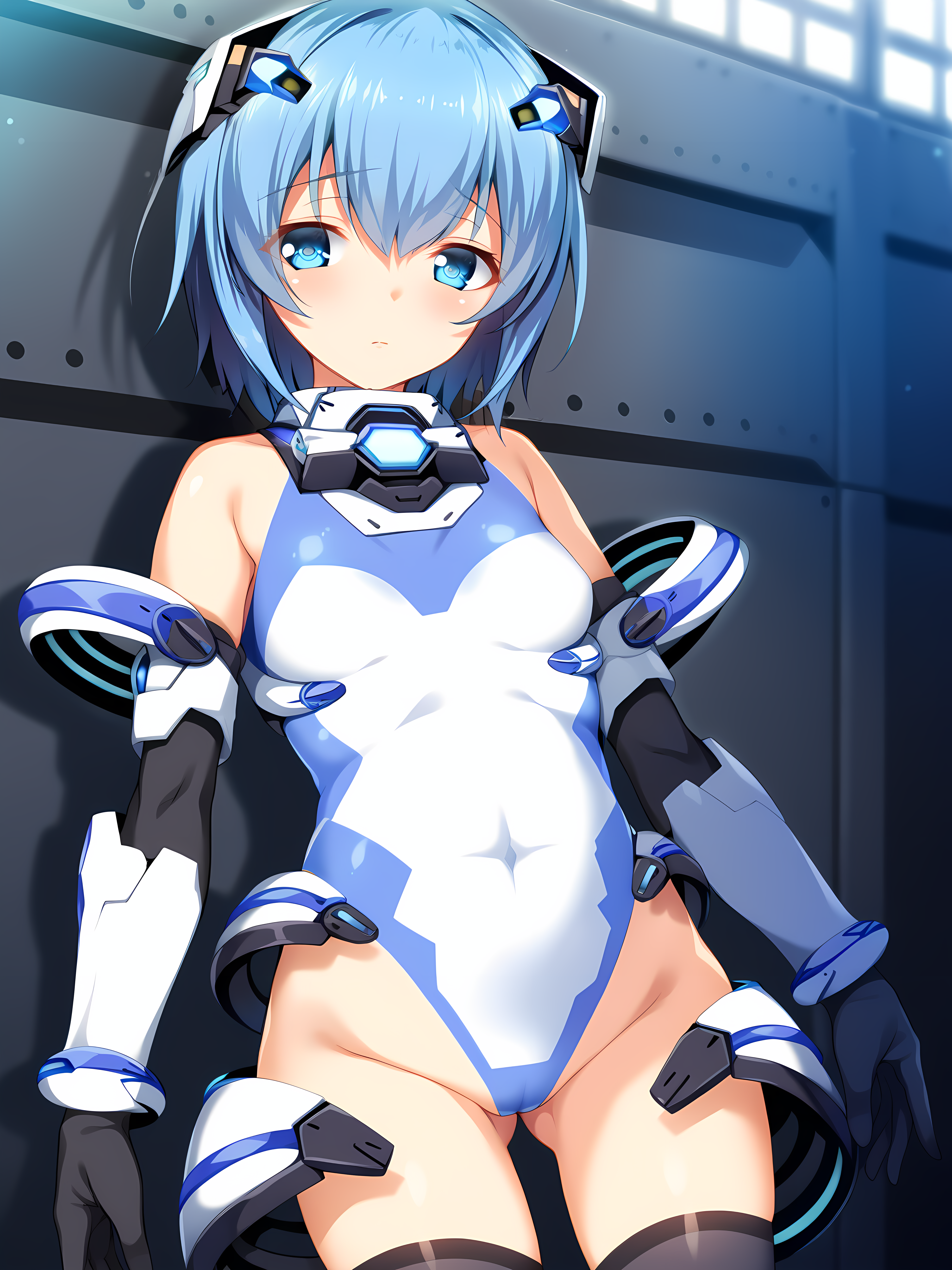 <lora:ESCUDE_-_Yamizome_Revenger_-_All_in_One:1>,escude,nao,1girl,solo,blue hair,blue eyes,leotard,thighhighs,breasts,small breasts,covered navel,bangs,short hair,bare shoulders,headgear,white leotard,armor,groin,turtleneck,ass visible through thighs,blush,hair between eyes,hair ornament,black thighhighs,highleg,mecha musume,vambraces,warehouse,indoors,, score_9, score_8_up, score_7_up,source_anime,(masterpiece),(best quality),(ultra-detailed),(best illustration),(best shadow),(absurdres),(detailed background),(very aesthetic),source_anime