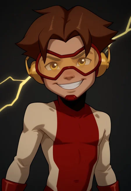 score_9, score_8_up, score_7_up, CuteCartoonStyle, petite, shortstack, highly detailed, cute boy, 1boy, solo,  Impulseyj, red framed goggles yellow lenz, red and white bodysuit, brown hair, skinny, lean body, red gloves, big smile, dominating pose,  yellow lightning
