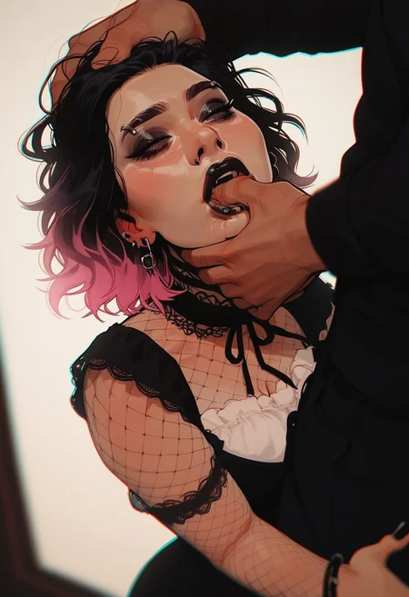 score_9, score_8_up, score_8_up, 1 latina girl, depth of field, raw, focus on throat, (hand around throat), bokeh effect, close up shot, intimate shot, posing, arched back, cute adorable goth girl, pastel hair, nsfw, lace, large natural breasts, fishnet, thick thighs, narrow waist, big natural breasts, cotton clothes, view from above, (grab her throat), (male out of frame)