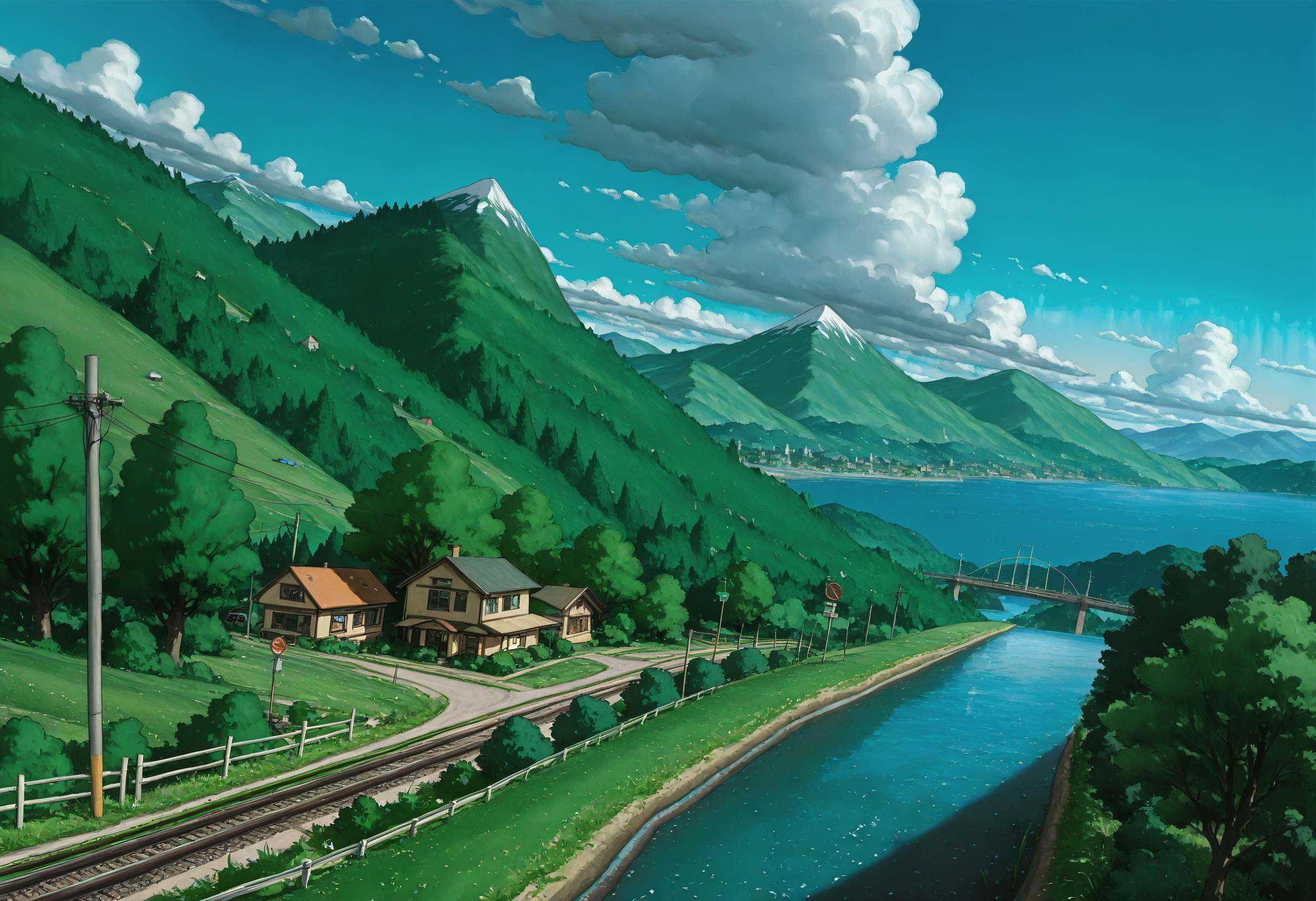 ((cartoon, traditional_media, original, landscape, cowboy_shot, dutch angle))
((on-the-brink,  sky, outdoors, day, cloud, water, tree, blue_sky, no_humans, ocean, cloudy_sky, grass, plant, building, nature, scenery, motor_vehicle, forest, mountain, city, sign, fence, horizon, road, car, cityscape, bush, field, house, bridge, green_theme, power_lines, river, street, landscape, utility_pole, road_sign, train, fisheye, mountainous_horizon, path, hill, town, railroad_tracks))