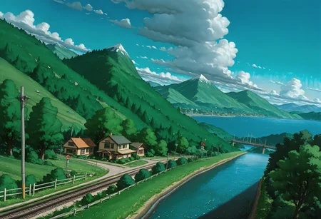 ((cartoon, traditional_media, original, landscape, cowboy_shot, dutch angle))
((on-the-brink, sky, outdoors, day, cloud, water, tree, blue_sky, no_humans, ocean, cloudy_sky, grass, plant, building, nature, scenery, motor_vehicle, forest, mountain, city, sign, fence, horizon, road, car, cityscape, bush, field, house, bridge, green_theme, power_lines, river, street, landscape, utility_pole, road_sign, train, fisheye, mountainous_horizon, path, hill, town, railroad_tracks))
