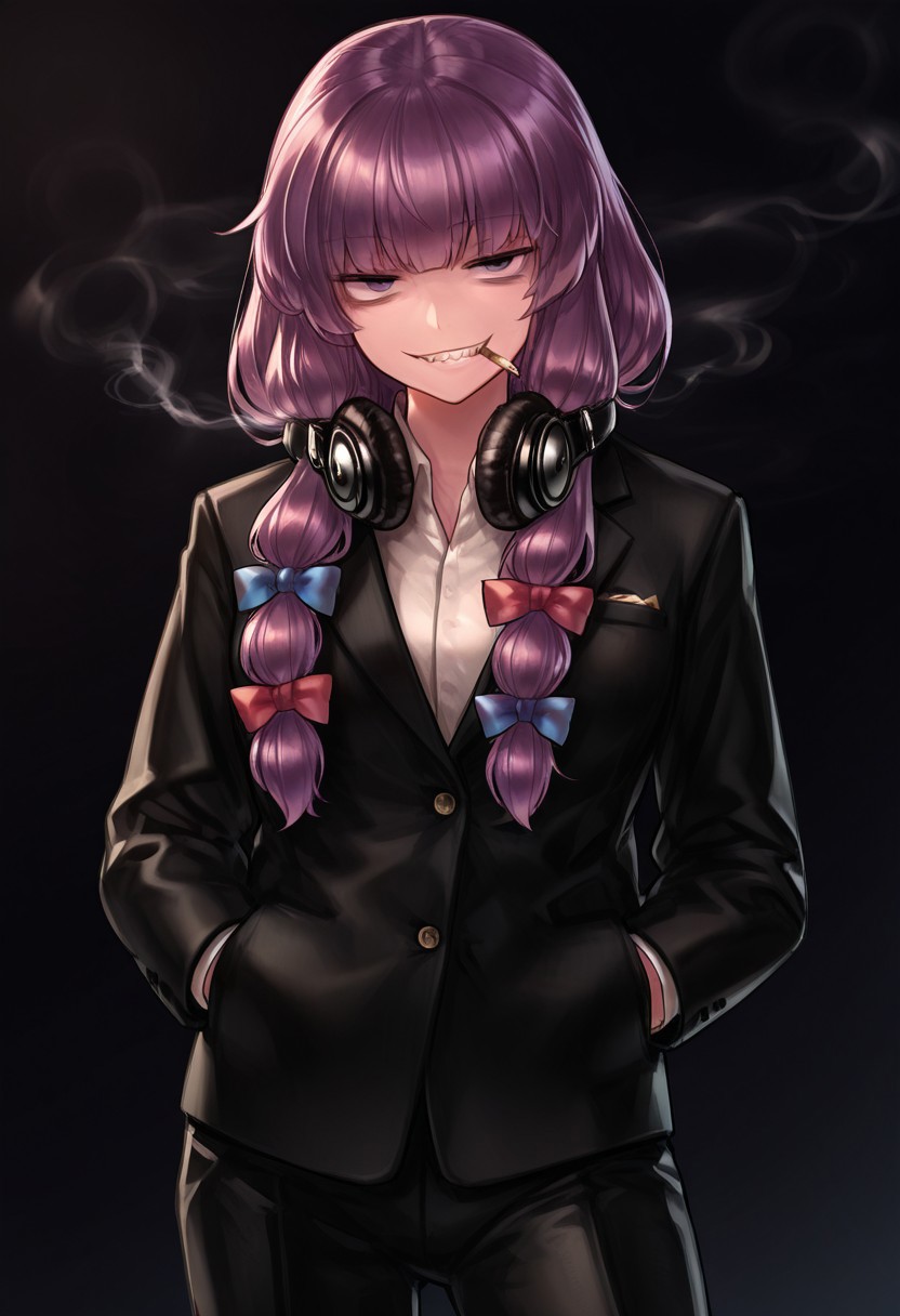 best quality, masterpiece,
1girl, solo, patchouli knowledge,
alternate costume, formal clothes, black jacket,
hands in pocket, headphones around neck,
cigarette, smoking, smoke trail,
sharp teeth, grin, bags under eyes,
looking at viewer,