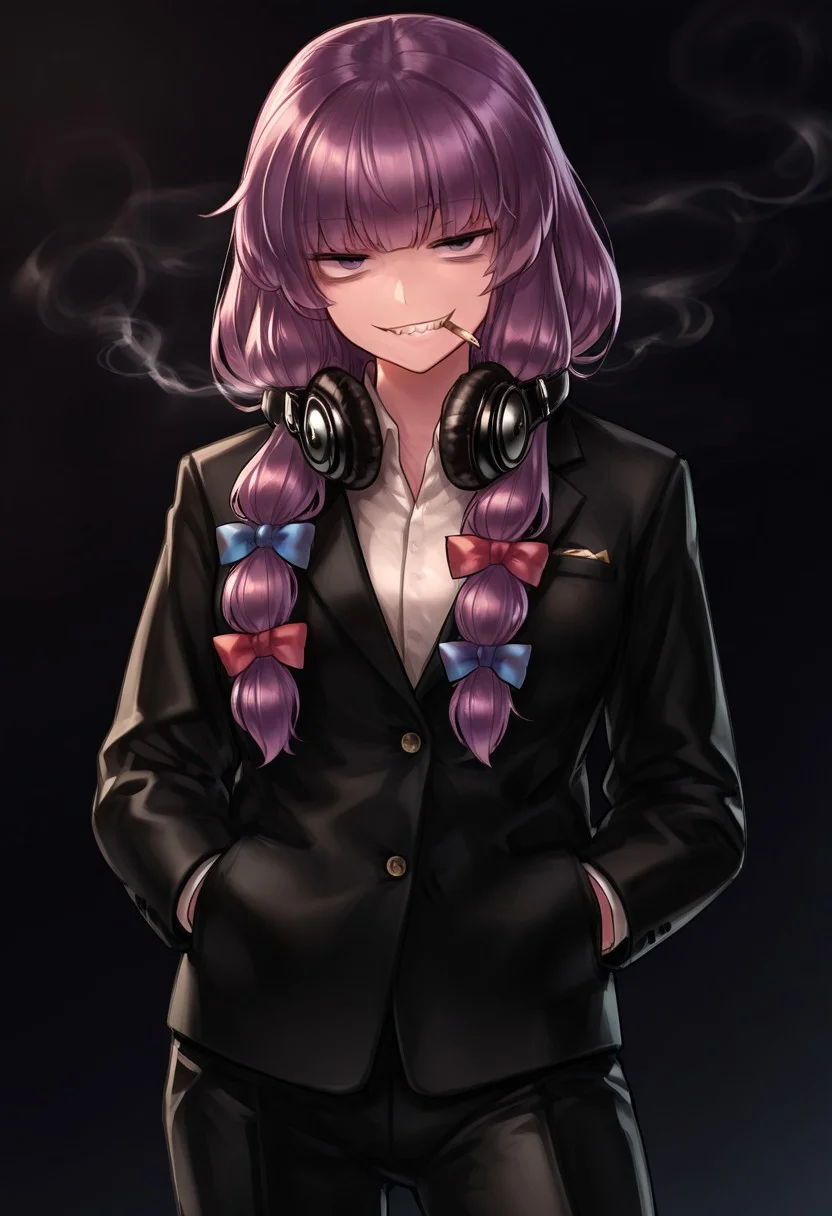 best quality, masterpiece,
1girl, solo, patchouli knowledge,
alternate costume, formal clothes, black jacket,
hands in pocket, headphones around neck,
cigarette, smoking, smoke trail,
sharp teeth, grin, bags under eyes,
looking at viewer,