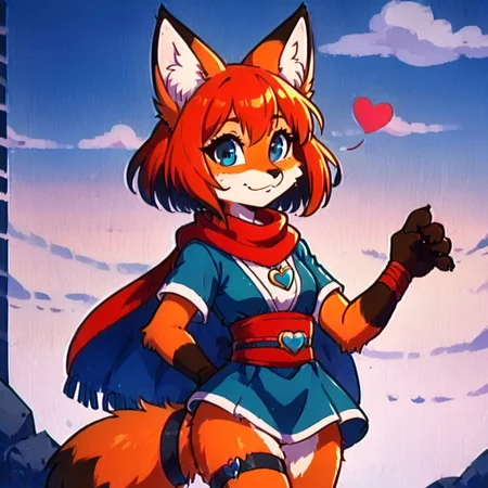 sfxm, anthro, female furry, fox, fox tail, fox ears, body fur, fluffy, paws, scarf, heart-shaped pendant, leg wrap, bandages, looking at viewer, cute style, dic style, super show, smbss style, vintage, cartoon