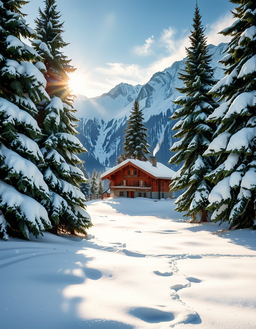 A cozy wooden chalet nestled in a serene winter landscape, surrounded by tall, snow-covered pine trees. Warm golden lights glow from the chalet's windows, contrasting with the crisp, cold air of the snowy evening. A thick layer of fresh snow blankets the ground, with a few footprints leading to the wooden front door. Smoke gently rises from the chimney, suggesting a warm fire inside. The sky is a soft twilight blue, with the first stars beginning to appear. In the foreground, a wooden fence partially covered in snow adds to the rustic charm. A small stack of firewood is neatly arranged near the entrance. The atmosphere is peaceful and inviting, evoking a sense of warmth and solitude in the midst of nature. The art style is hyper-realistic with soft lighting and high detail, emphasizing the texture of the wood, snow, and trees.
<lora:SDXLFaeTastic2400:0.4> <lora:extremely_detailed:0.4> extremely detailed, <lora:winter_l4ndsc4p3:1>,winter l4ndsc4p3, Masterpiece,best quality,hi res,8k,hi res,8k,award winning,(sharp focus, intricate, highly detailed),